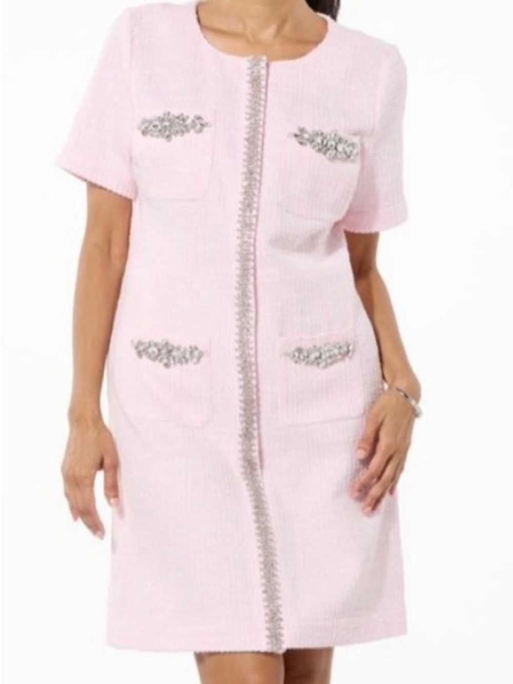 G by Giuliana Light Pink Tweed Shift Dress with Jewel Trim